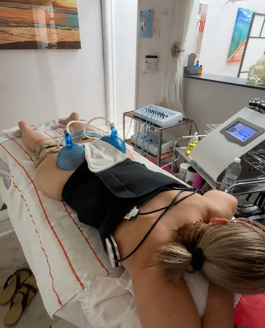 Clienta recibiendo el tratamiento 3 en 1 con lipo láser, glúteos y corrientes rusas